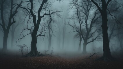 Obraz premium Dense foggy forest with leafless trees in a moody, eerie atmosphere. Dark, misty woodland landscape. The concept of mystery and nature.