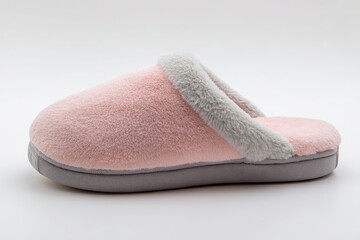 Pink fuzzy slipper, side view.  Light gray sole and trim