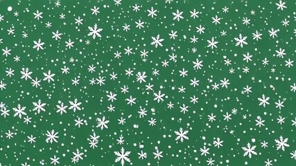 Whimsical white snowflakes falling against a festive green background for a winter holiday theme - Powered by Adobe