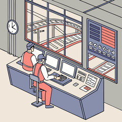 Two Operators Monitoring Industrial Machinery in a Control Room
