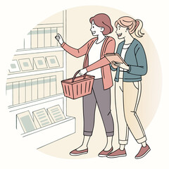 Two Women Shopping Together in Grocery Store Aisle