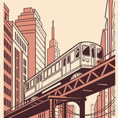 Vintage Illustration of an Elevated Train in a City