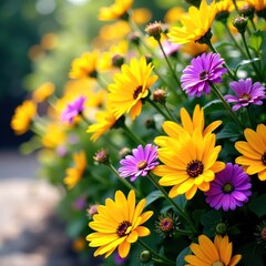 Fototapeta premium Vibrant yellow and purple daisy flowers in a summer garden