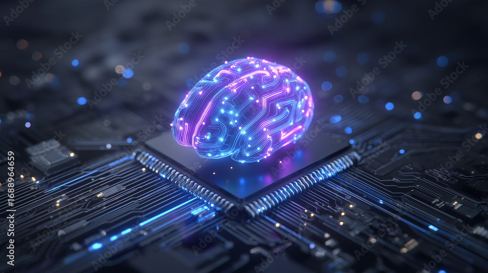 Poster glowing ai microprocessor with neon blue and purple circuitry, futuristic digital brain design on ci