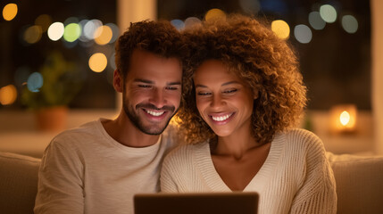 A young multiethnic couple sitting close together on a cozy sofa at home, laughing and looking at a tablet screen, planning their future with smiles, warm tones and a relaxed, happ