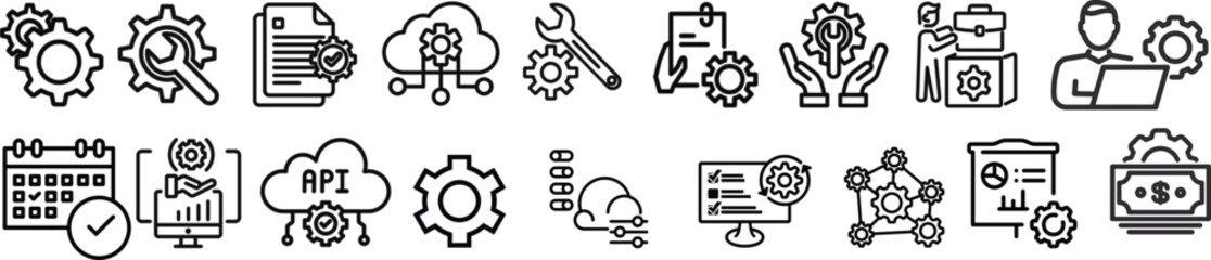 Setting glyph solid icons. Containing update, repair, setup, maintenance solid icons collection. Vector illustration. For website design, logo, app, template, ui, etc.Setting & Setup icon set. 