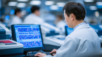 Advanced oncology lab with biotechnology equipment, scientists studying immunology and cancer biomarkers, focused on developing new therapies, laboratory safety, and cancer prevent