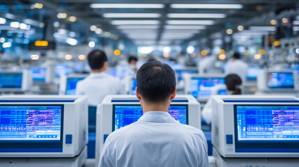 Advanced oncology lab with biotechnology equipment, scientists studying immunology and cancer biomarkers, focused on developing new therapies, laboratory safety, and cancer prevent