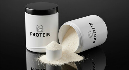 A studio shot of two white protein powder tubs, one open with a scoop and spilled powder. Ideal for fitness, nutrition, supplement, and sports advertising.

