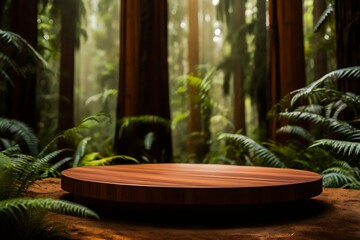 A wooden podium stands amidst a lush forest, bathed in soft sunlight filtering through the canopy, creating a serene and inviting space for showcasing products
