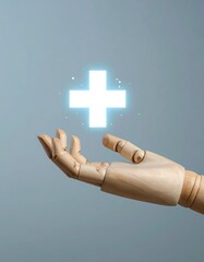 Futuristic glowing plus sign hologram icon with digital light effect