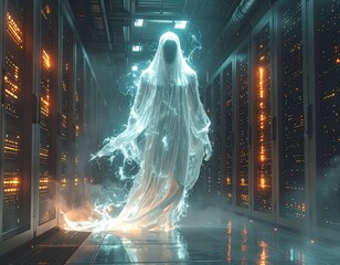 A data ghost emerging from a server rack