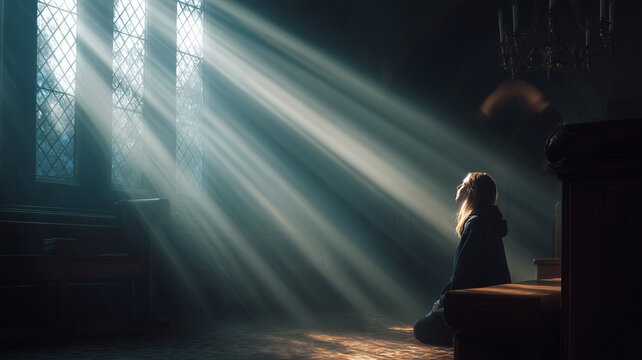 早朝の教会内部にて目を閉じ祈る女性の写実的な光景　窓から差し込む光が神聖さを強調し穏やかな雰囲気を演出する宗教的イメージ素材　平和と祈りを象徴する情景