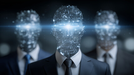 Modern digital learning environment with holographic AI mentors guiding professionals through continuous learning, skill diversification, and career advancement strategies, represe