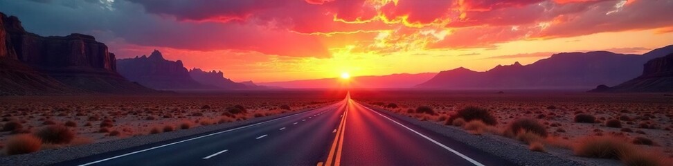 Naklejka premium Epic desert highway stretching to the horizon under a vibrant sunset sky Jagged mountains silhouette the distant landscape, promising adventure around every bend , mountain range, west