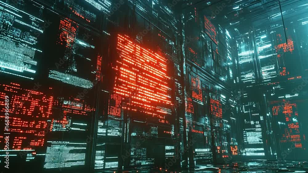 Aufkleber server room is showing crypto currency mining process with green and red codes