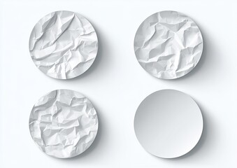 Four circular paper shapes.  Crinkled, textured circles, one smooth circle.  Flat, digital graphic design