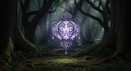 Mystical Ornate Lantern Glowing in a Dark Enchanted Forest.