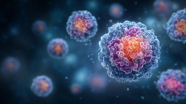Futuristic oncology treatment concept with checkpoint inhibitors, monoclonal antibodies, and CAR T-cell therapy targeting cancer biomarkers, symbolizing personalized medicine and a