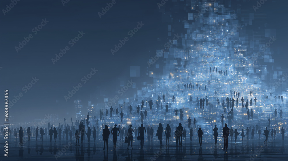 Poster dynamic visualization of job market transformation where automation and ai create new tech-driven jo