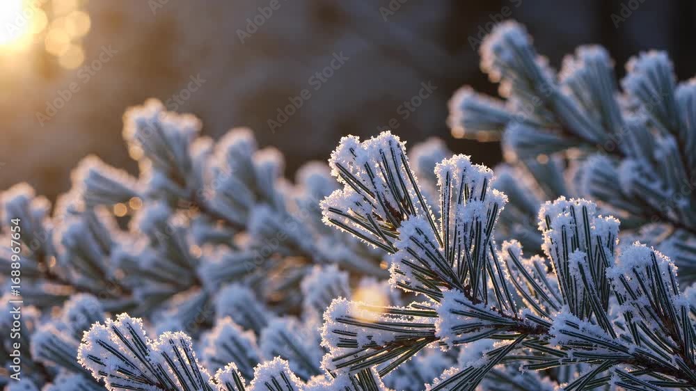 Poster snow covered pine branches in a sunlit winter morning capturing the calmness of nature with a bokeh 