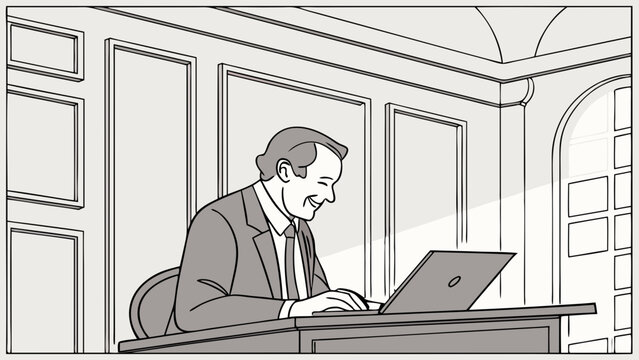 Businessman Working on Laptop in Office Professional Illustration Grey Scale Vector Graphic.