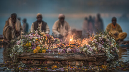 Hindu cremation ceremony at sunrise on the banks of the Ganges River, with flower offerings, incense burning, prayer rituals, and mourners observing final rites in a sacred spiritu