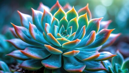 Fototapeta premium Colorful succulent plant with fleshy leaves arranged in rosette shape. Nature and plant, floral, botanical, growth, garden. The concept of botany and gardening.