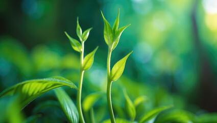 Naklejka premium Young plant growth in a lush green environment, symbolizing nature, growth, and new beginnings.