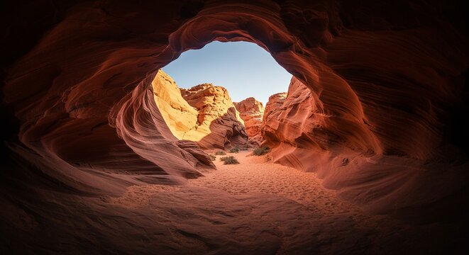 Awe-Inspiring Antelope Canyon: A Breathtaking View Through a Natural Sandstone Archway, Unveiling the Majestic Beauty of Arizona's Red Rock Formations.  Sunlight Illuminates the Smooth, Curving Wal...