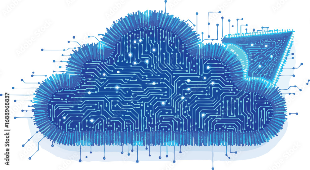 Aufkleber digital cloud icon with circuit board pattern and upload arrow on white background computing data.
