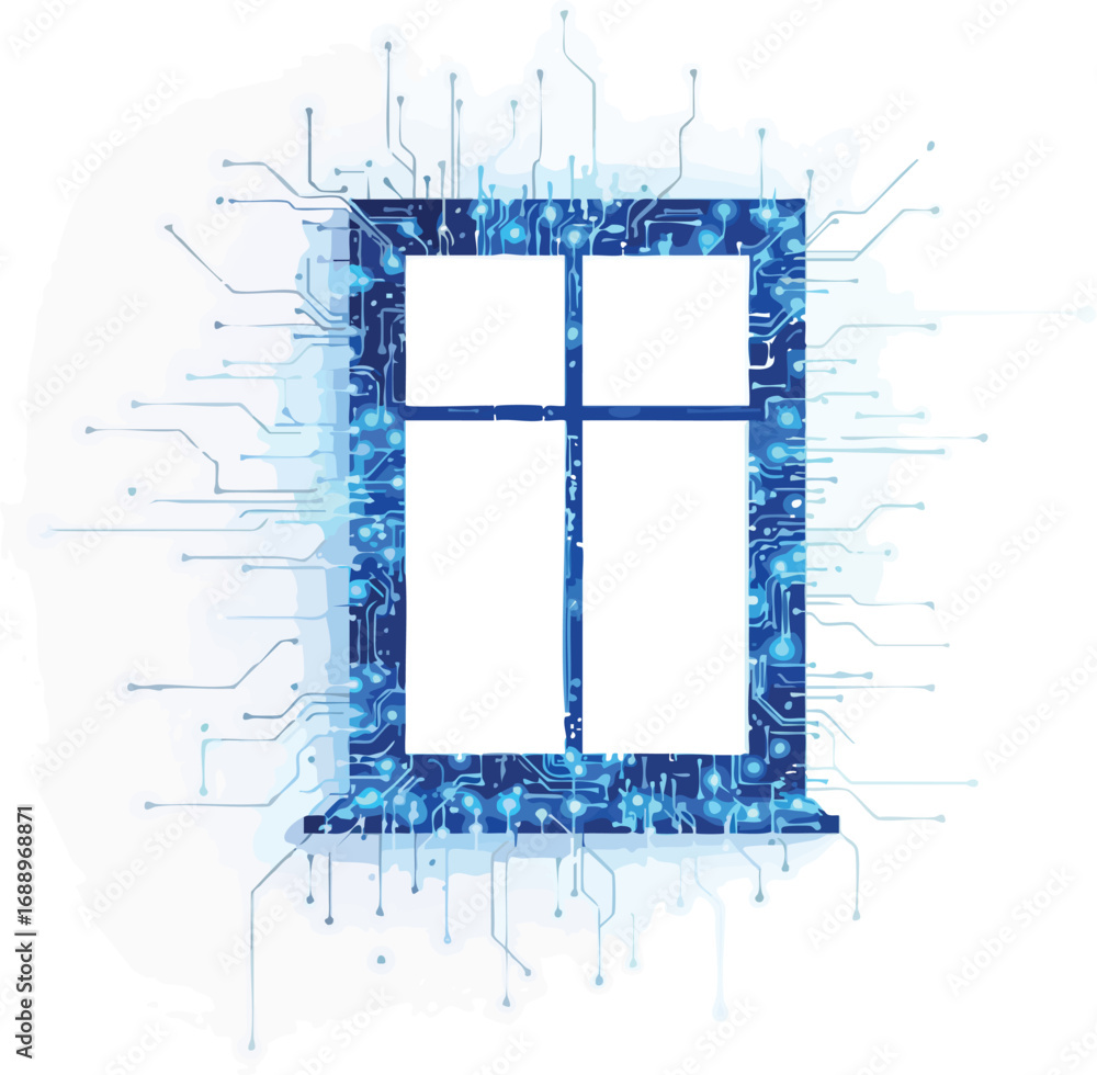 Aufkleber Digital Window Frame with Circuit Board Design and Glowing Data Connections technology abstract.