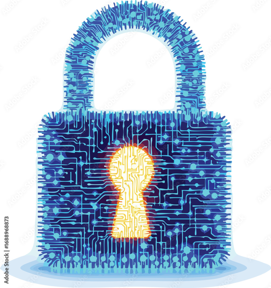 Poster digital padlock icon with glowing keyhole and circuit board texture on a white background security.