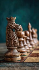 Close-up of a meticulously carved wooden chess knight piece, showcasing intricate details and rich brown tones against a deep teal backdrop.