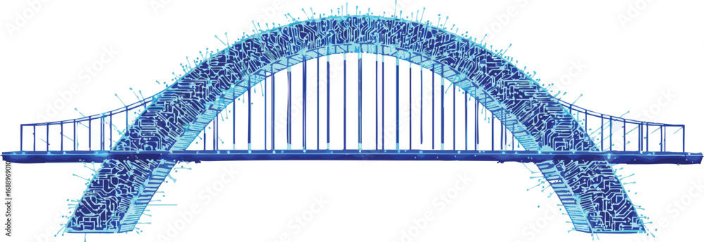 Poster futuristic arch bridge design with circuit board pattern and blue glow structure architecture.