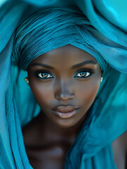 Naklejka premium Close-Up Portrait of Woman with Teal Headwrap and Striking Light Eyes on Soft Blurred Background.