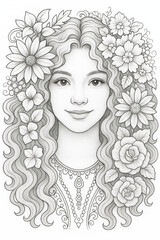 Smiling girl with curly hair decorated with various blooming flowers and leaves, ideal for coloring.