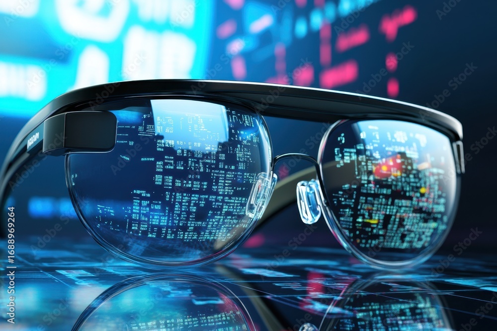 Poster advanced smart glasses displaying digital data in a futuristic environment