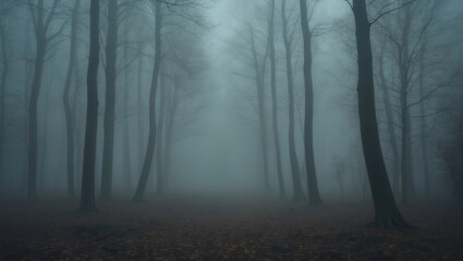 Obraz premium Foggy forest scene with tall trees and a mysterious atmosphere. Dense vegetation and mist create an eerie, quiet woodland landscape.