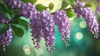 Purple lilac flowers from a garden with blurred green background and bokeh lights. Beautiful spring blossoms and nature scene.