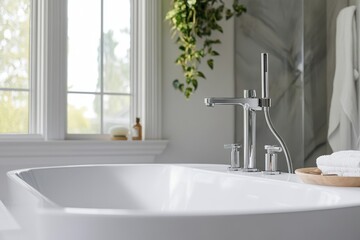 Modern bathroom faucet with sleek design and natural light in a serene setting