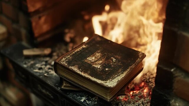 An old book sits atop a stove, possibly abandoned or forgotten