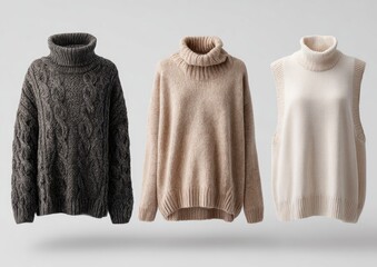 Three turtleneck sweaters,  beige, taupe, and cream,  floating against a light gray background