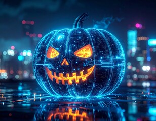A blue and yellow cyberpunk jack-o-lantern