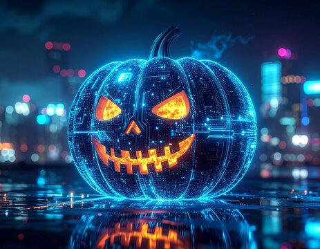 A blue and yellow cyberpunk jack-o-lantern