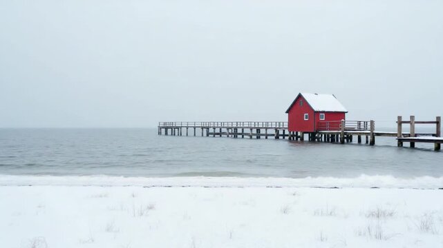 Red Building on Snow Covered Shore With Old Wooden Pier