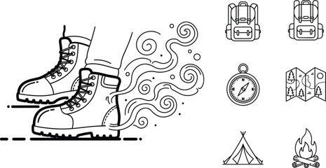 Fototapeta premium Set of hiking and camping equipment isolated on a white background, vector illustration in black and white style