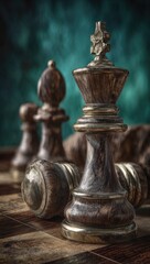 A detailed close-up of a dark-wooden chess king,  positioned prominently on a wooden chessboard, against a teal-green backdrop.