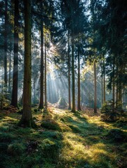 Fototapeta premium Sunlight streams through a dense forest (3)