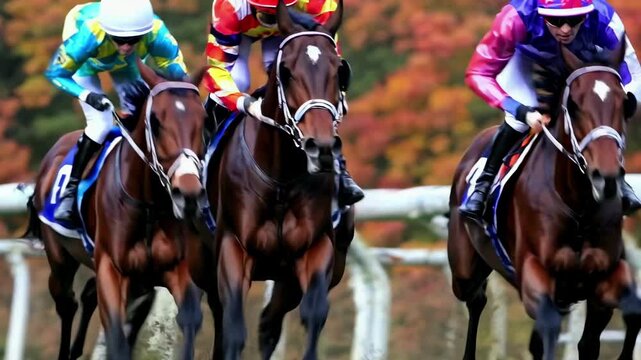 Dynamic low-angle shot of a horse race, capturing the speed and intensity. Vibrant autumn backdrop enhances the action, perfect for a sports video.